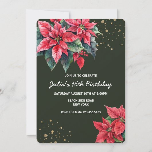 Red Poinsettia Blume Dezember Geburtstag Einladung (Vorderseite)