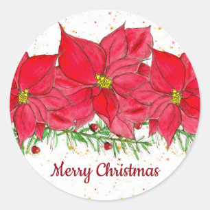 Red Poinsettia Blume Frohe Weihnachten Runder Aufkleber