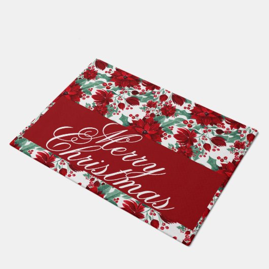 Red Poinsettia Blume Ivy Blätter Wasserfarbname Fußmatte (Schrägansicht)