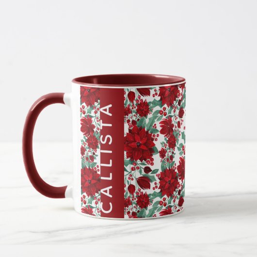 Red Poinsettia Blume Ivy Blätter Wasserfarbname Tasse (Links)