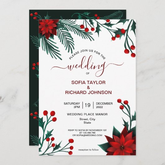 Red Poinsettia Blumenweihnachtsfeier Wasserfarbenh Einladung (Vorne/Hinten)