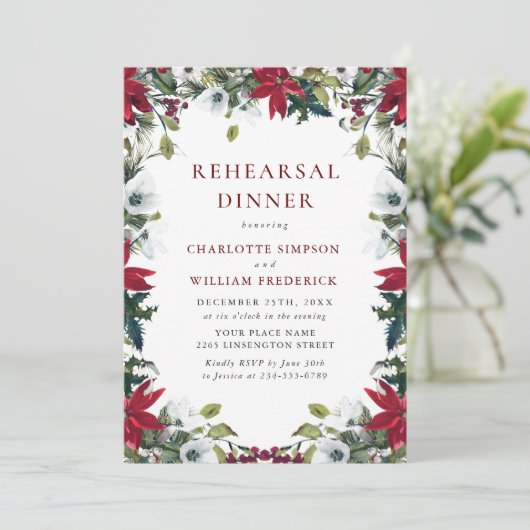 Red Poinsettia Blumenweihnachtsfest Probe Abendess Einladung (Stehend Vorderseite)