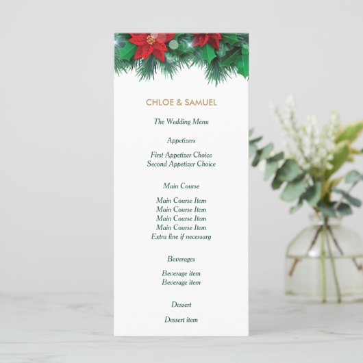 Red Poinsettia Border Wedding Menu Menükarte (Stehend Vorderseite)