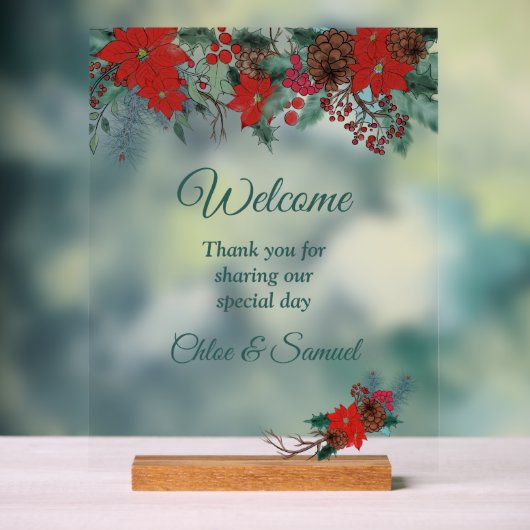 Red Poinsettia Border Wedding Welcome#2 Acrylschild (Neutral)