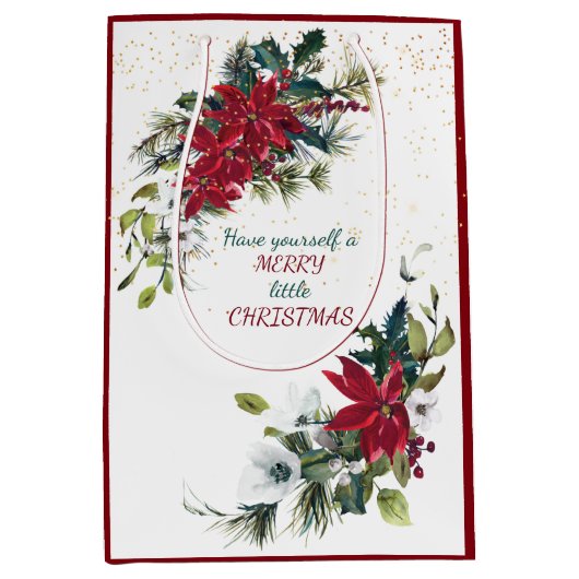 Red Poinsettia Bouquet Gold Glitzer Weihnachten Mittlere Geschenktüte (Vorderseite)