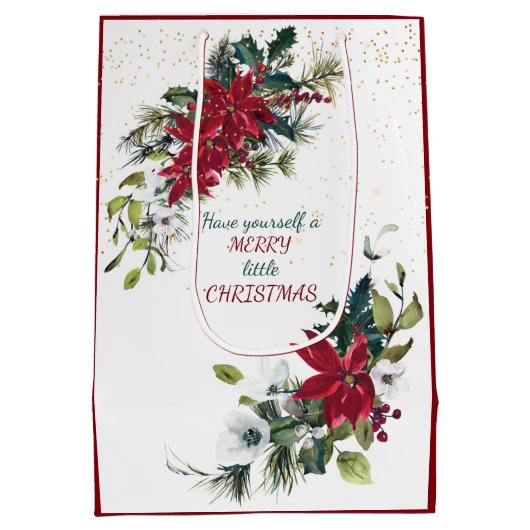 Red Poinsettia Bouquet Gold Glitzer Weihnachten Mittlere Geschenktüte (Rückseite)