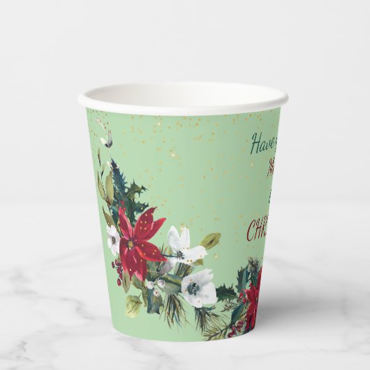 Red Poinsettia Bouquet Gold Glitzer Weihnachten Pappbecher (Vorderseite)