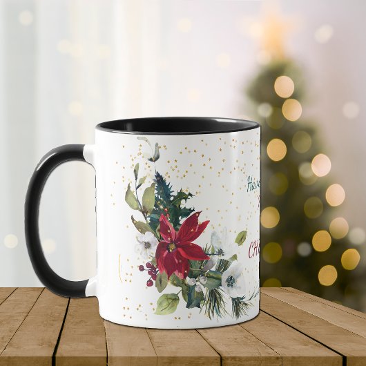 Red Poinsettia Bouquet Gold Glitzer Weihnachten Tasse