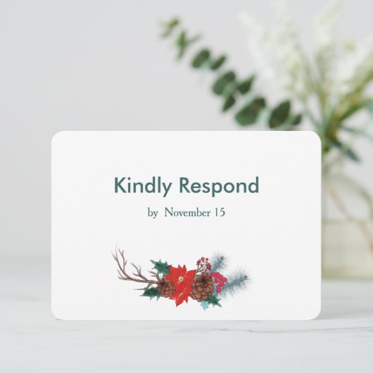 Red Poinsettia Bouquet Wedding RSVP Karte (Stehend Vorderseite)