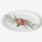 Red Poinsettia Christmas Evergreens Pappteller (Schrägansicht)
