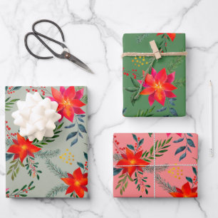 Red Poinsettia Christmas Floral Geschenkpapier Set