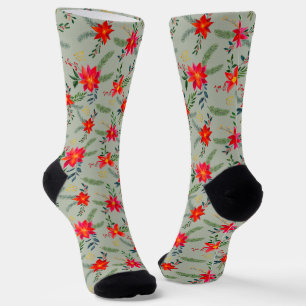Red Poinsettia Christmas Floral Socken