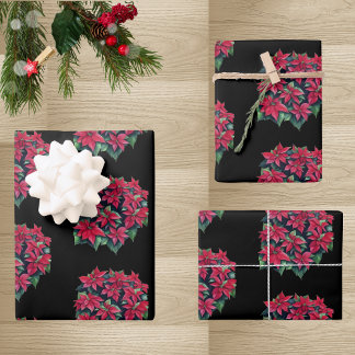 Red Poinsettia Christmas Flower On Black Geschenkpapier Set