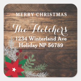 Red Poinsettia Dark Wood Square Address Label Quadratischer Aufkleber