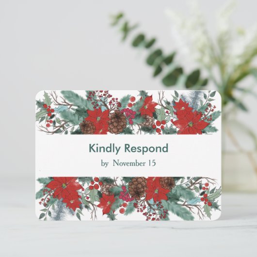 Red Poinsettia Dinner Choice Wedding RSVP Karte (Stehend Vorderseite)