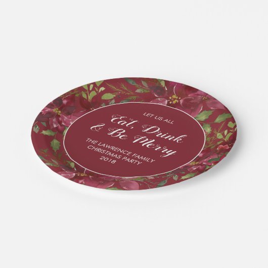 Red Poinsettia Eat Drink Frohe Weihnachtsfeier Par Pappteller (Schrägansicht)