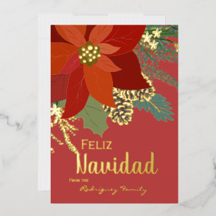 Red Poinsettia Feliz Navidad Gold Folien Feiertagskarte