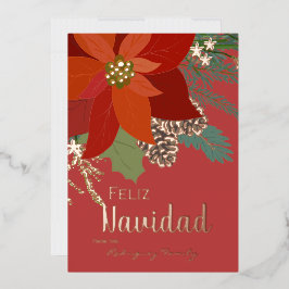 Red Poinsettia Feliz Navidad Rose Gold Folien Feiertagskarte