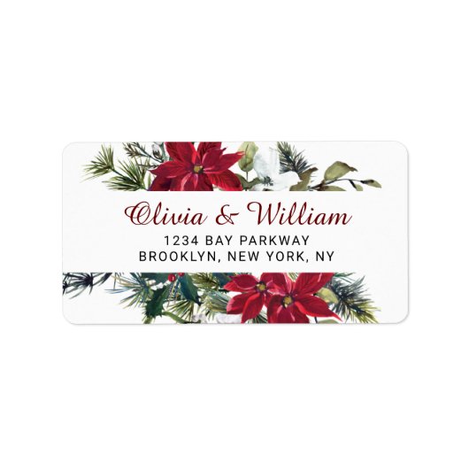 Red Poinsettia Floral Christmas Address Label Adressaufkleber (Vorne)