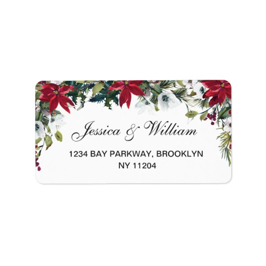 Red Poinsettia Floral Christmas Address Label Adressaufkleber (Vorne)