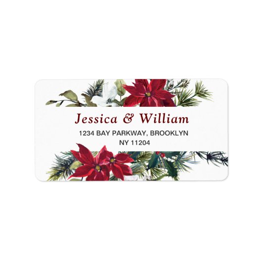 Red Poinsettia Floral Christmas Address Label Adressaufkleber (Vorne)