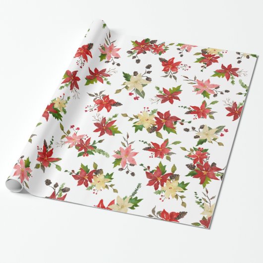 Red Poinsettia Floral Holiday Pattern Geschenkpapier (Ungerollt)