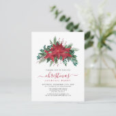 Red Poinsettia Floral Script Weihnachts-Party Einladungspostkarte (Stehend Vorderseite)