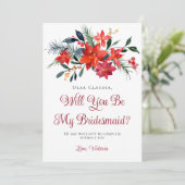 Red Poinsettia Floral Sie werden meine Bridesmaid Einladung (Stehend Vorderseite)