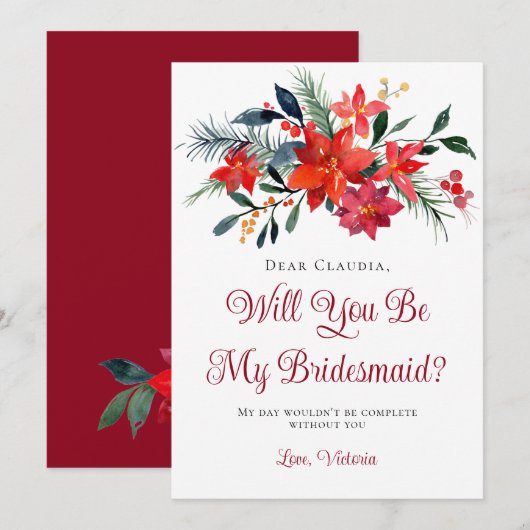 Red Poinsettia Floral Sie werden meine Bridesmaid Einladung (Vorne/Hinten)