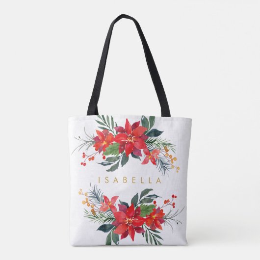 Red Poinsettia Floral Water Bouquets Name Tasche (Rückseite)