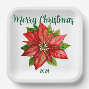 Red Poinsettia Floral Winter Christmas Party Paper Pappteller