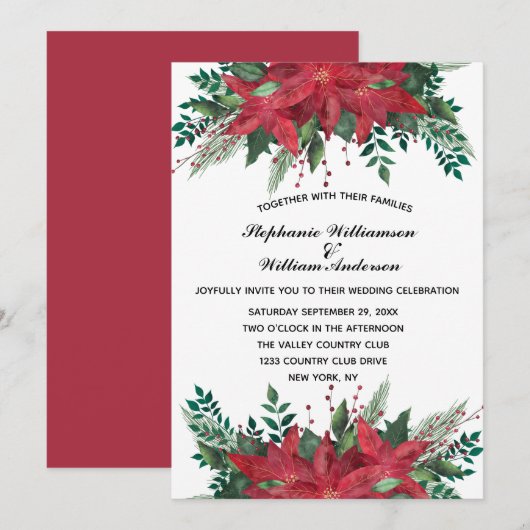 Red Poinsettia Floral Winter Wedding Inv Einladung (Vorne/Hinten)