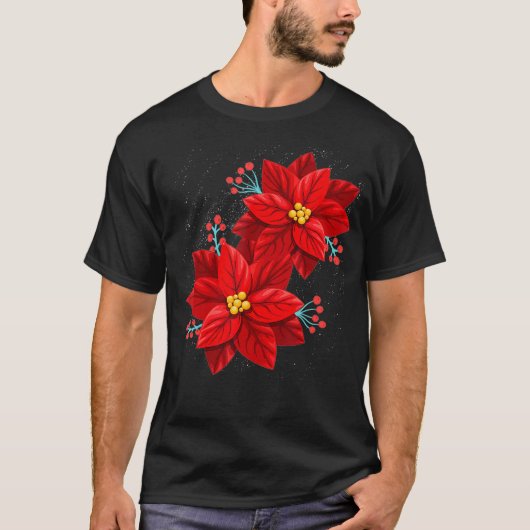 Red Poinsettia Frohe Weihnachts-Blume Happy Xmas T-Shirt (Vorderseite)