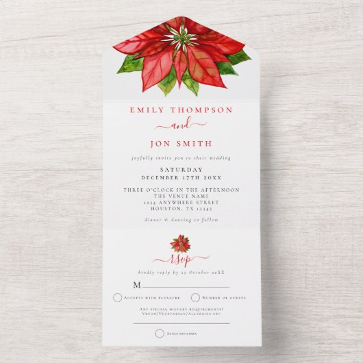 Red Poinsettia Gastadressen Weihnachten Hochzeit All In One Einladung (Innen Boden)