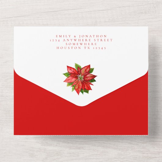 Red Poinsettia Gastadressen Weihnachten Hochzeit All In One Einladung (Rückseite)
