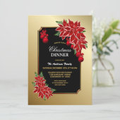 Red Poinsettia Gold Border Christmas Dinner Einladung (Stehend Vorderseite)