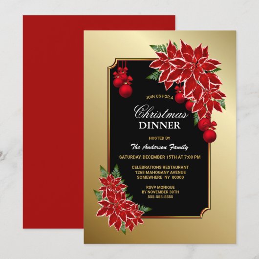 Red Poinsettia Gold Border Christmas Dinner Einladung (Vorne/Hinten)