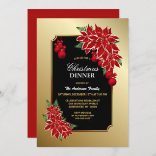 Red Poinsettia Gold Border Christmas Dinner Einladung