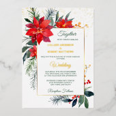 Red Poinsettia Gold Frame Wedding Folieneinladung (Vorderseite)