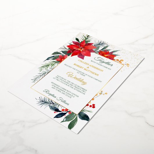 Red Poinsettia Gold Frame Wedding Folieneinladung (Gedreht)