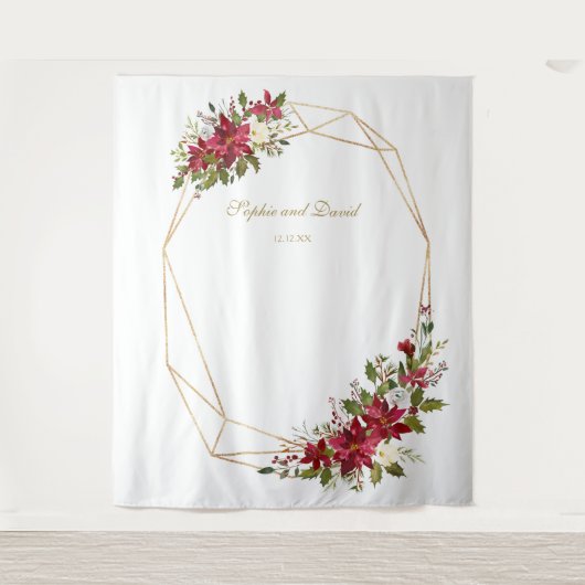 Red Poinsettia Gold Frame Wedding Foto Stand Wandteppich (Vorderseite)