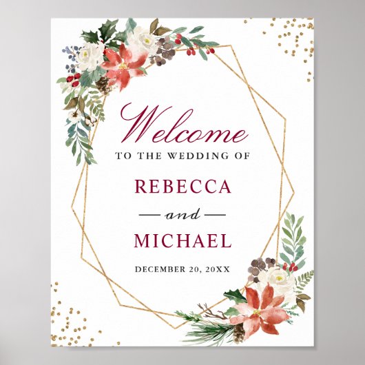 Red Poinsettia Gold Holiday Wedding Willkommenszei Poster (Vorne)