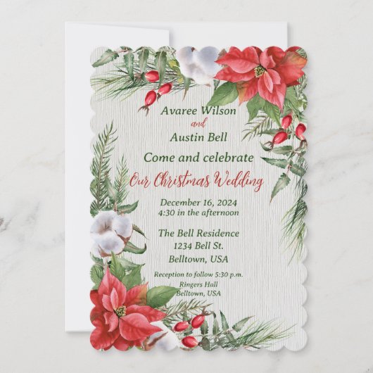 Red Poinsettia Green Blätter Weihnachtsfeier Einladung (Vorderseite)