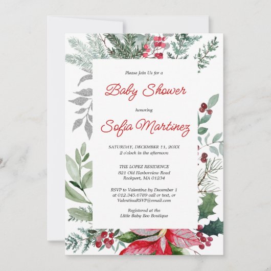 Red Poinsettia Grün Weihnachtsdusche Einladung (Vorderseite)