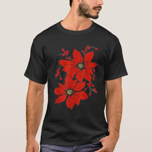 Red Poinsettia Happy Merry Christmas   T-Shirt (Vorderseite)