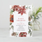 Red Poinsettia Holiday Floral Baby Dusche Einladung (Stehend Vorderseite)