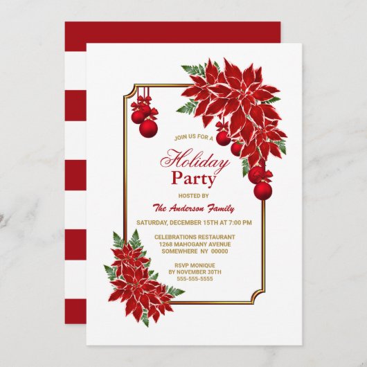 Red Poinsettia Holiday Party Einladung (Vorne/Hinten)