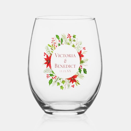 Red Poinsettia Holiday Wedding Personalisiert Weinglas Ohne Stiel (Vorderseite)