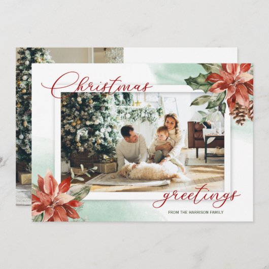 Red Poinsettia Holly 2 Foto Weihnachtskarte (Vorne/Hinten)