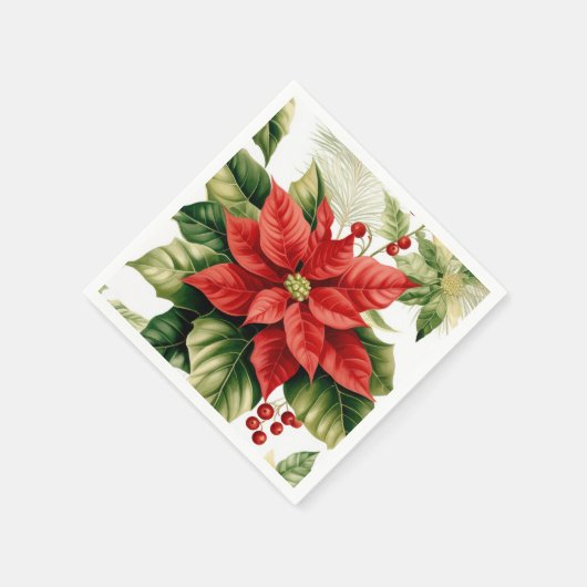 Red Poinsettia Holly Berries Weihnachtsfeiertag Serviette (Ecke)